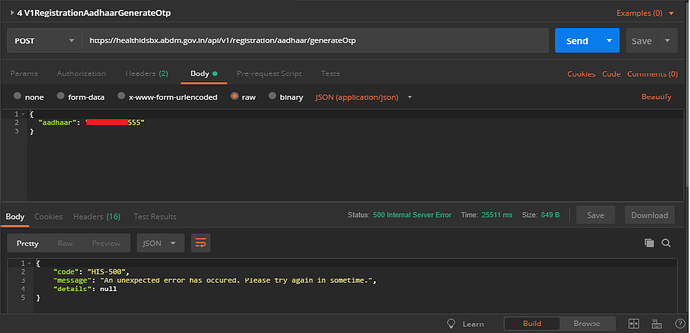 500 error in aadhaar generate OTP